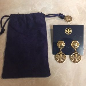 Gold Tory Burch Circle Logo Drop Earrings